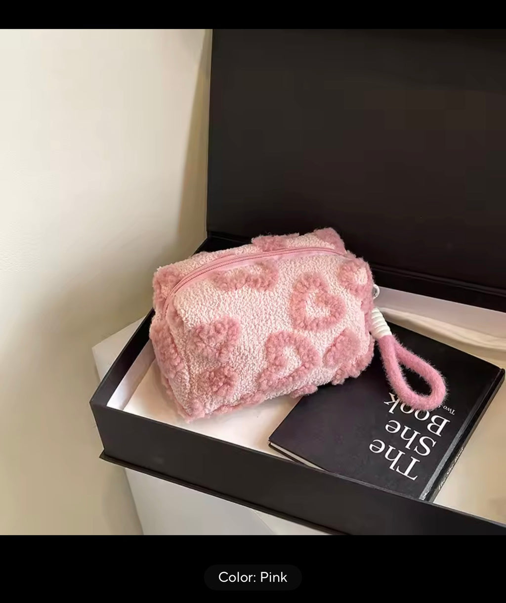 Ins style big capacity stationary organizer bag heart plush student pen bags zipper makeup pouch
